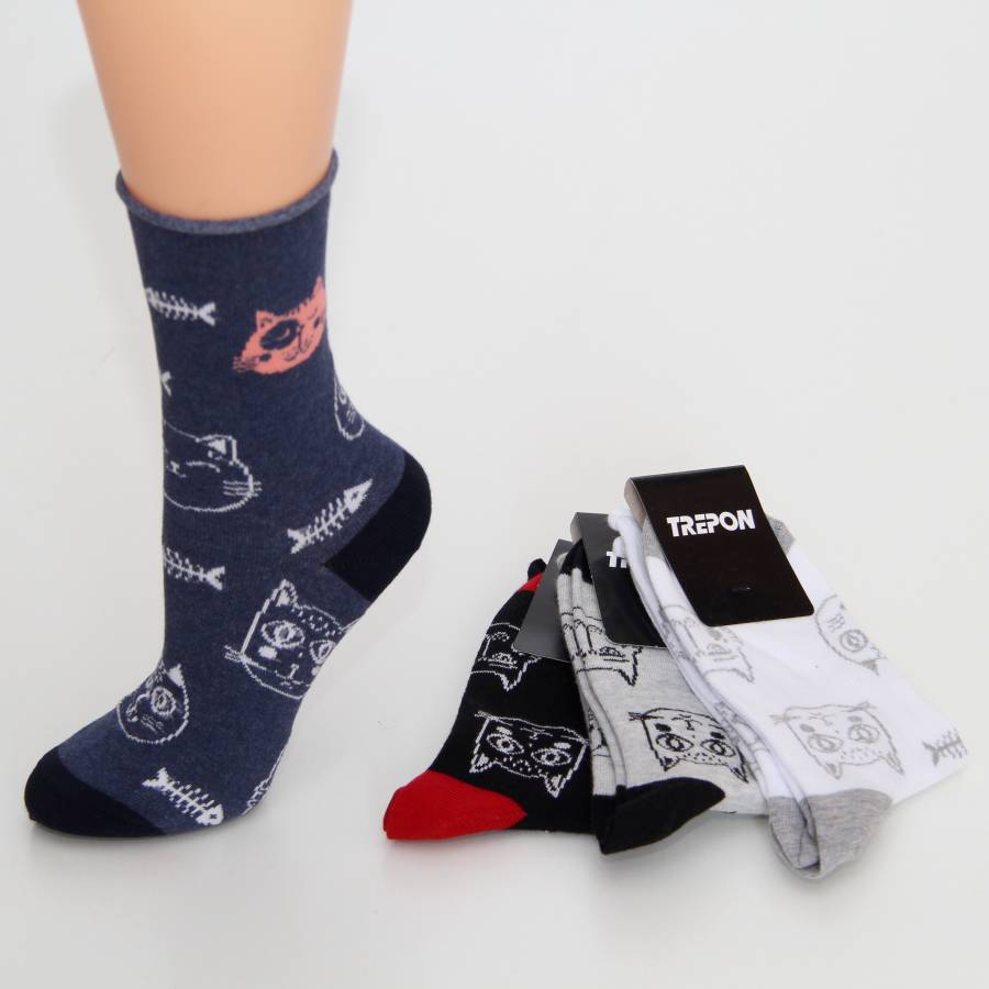 Luxusní barevné dámské ponožky s veselou kočičkou